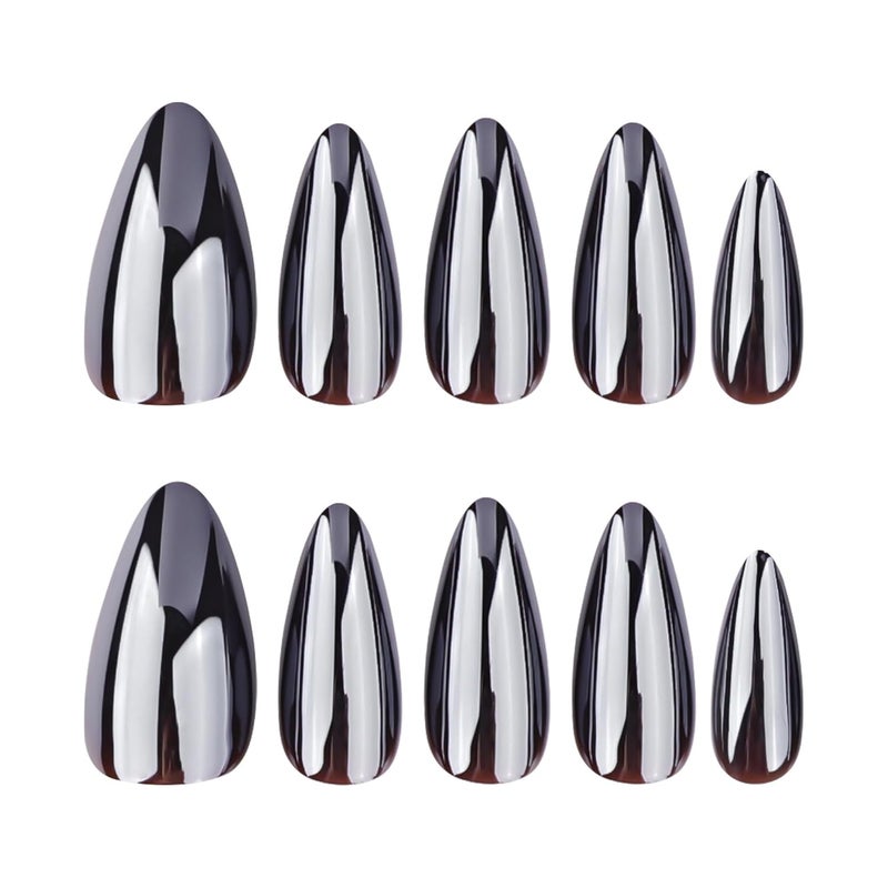 CTTHNBD Black Press on Nails Almond - Medium Fake Nails with Chrome Design - Glossy Full Cover Stick on False Nails for Women 24 Pcs - Image 5